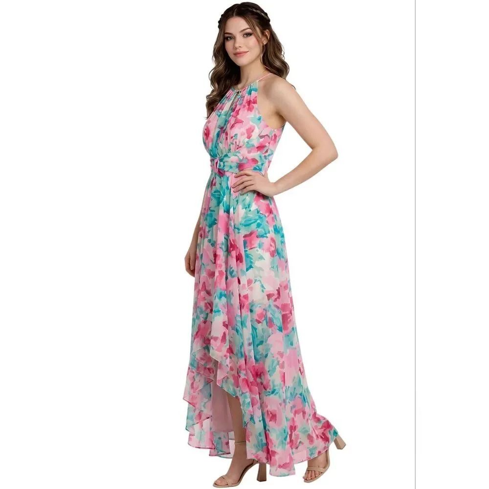R&M Richards Pink & Jade Keyhole Halter Neck Layered Chiffon Maxi Dress Size 14